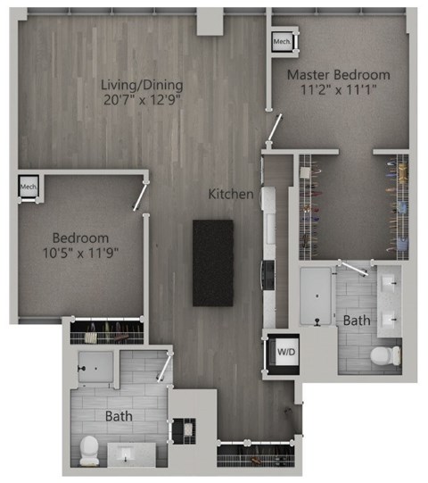 Floor plan for 2 beds, 2 baths, 1162 sqft